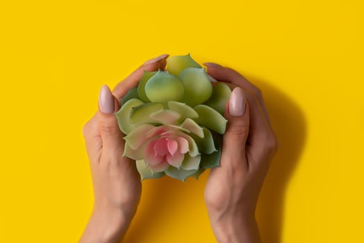 Female hands with a beautiful manicure on a yellow background,top view photo