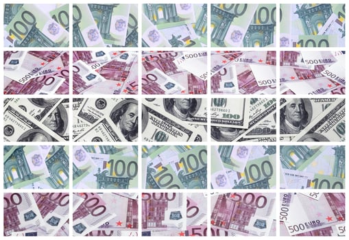 A collage of many images of euro banknotes in denominations of 100 and 500 euros lying in the heap photo