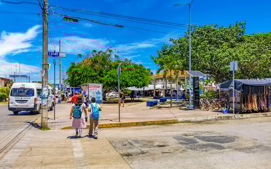 Playa del Carmen Quintana Roo Mexico 2022 Typical street road and cityscape of Playa del Carmen Mexico. photo