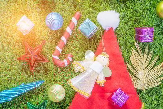 Top view Christmas decoration on green grass photo