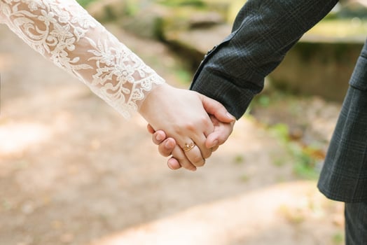 Close-up of newlyweds hands with wedding rings photo
