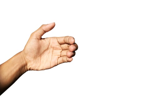 Young man hand holding something  isolated on white background with clipping path for work and design photo