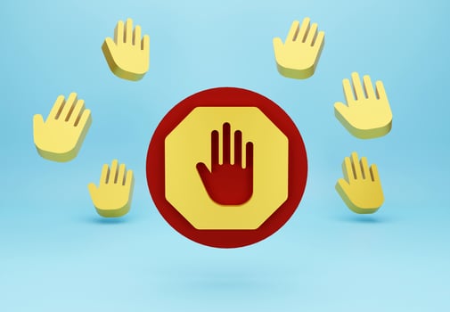 Red stop hand block sign, Adblock,  Do Not Enter, Forbidden Icon, Stop sign, hand stop symbol, traffic stop, restricted and dangerous signs with colored background. 3D render. photo