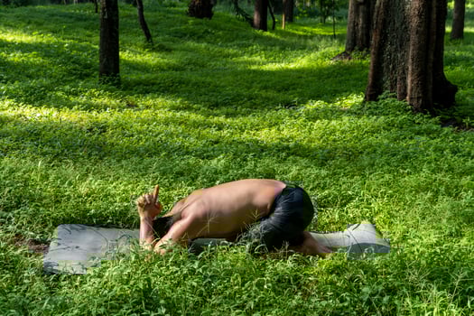 latin american man doing yoga posture, yoga posture, Bee backwards Prsthatah Brahmara, forest photo