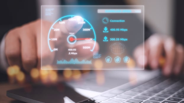 Fast internet connection with Metaverse technology concept, Hand holding smartphone and Virtual screen of Internet speed measurement, Internet and technology concept, 5G Hi speed internet concept photo