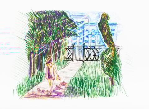 gate of city park and view of apartment houses photo