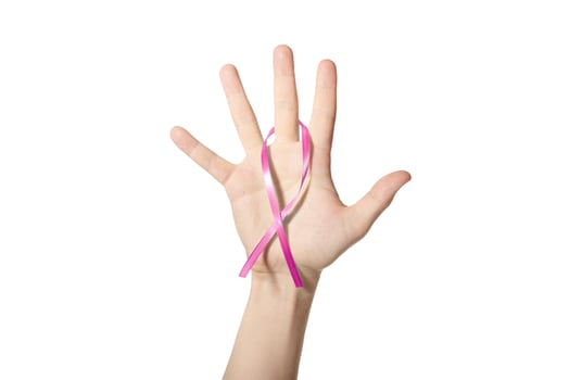 Pink awareness ribbon in hand photo