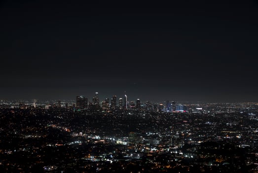 Beautiful night view of Los Angeles downtown in California from above. 4k video. Busy night city aerial view. photo