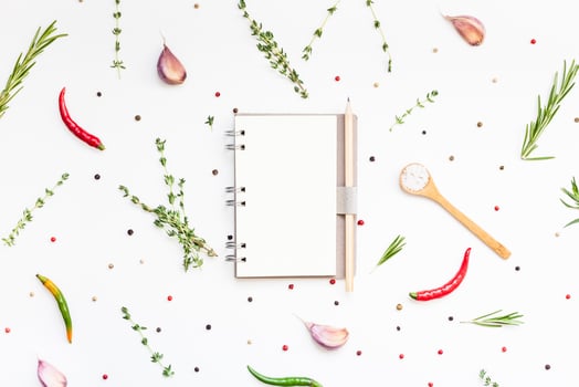 Blank notepad pages with greens herbs and spices photo