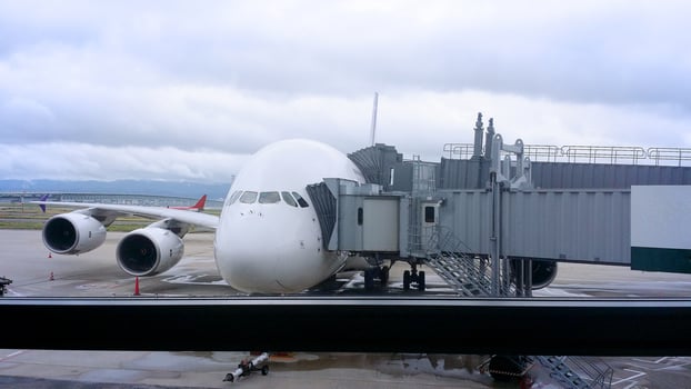Modern jet bridge connection and airplane. photo