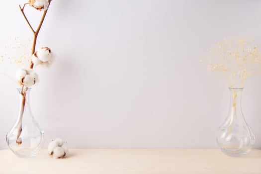 Home decoration with flowers over white wall. Interior design concept. Close up, copy space photo