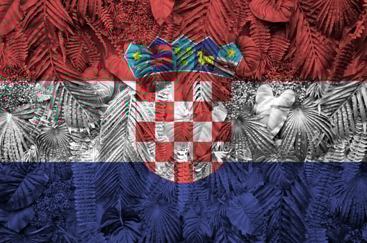 Croatia flag depicted on many leafs of monstera palm trees. Trendy fashionable backdrop photo