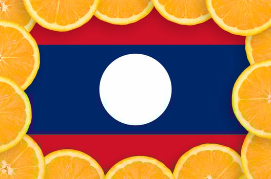 Laos flag  in fresh citrus fruit slices frame photo