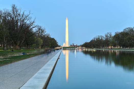 Washington Monument reflecting in the Lincoln Memorial Reflecting Pool at sunset in Washington, DC. photo