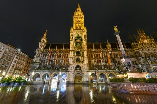 Munich, Germany - July 8, 2021 -  Night panorama of Marienplatz and Munich city hall in Munich, Germany photo