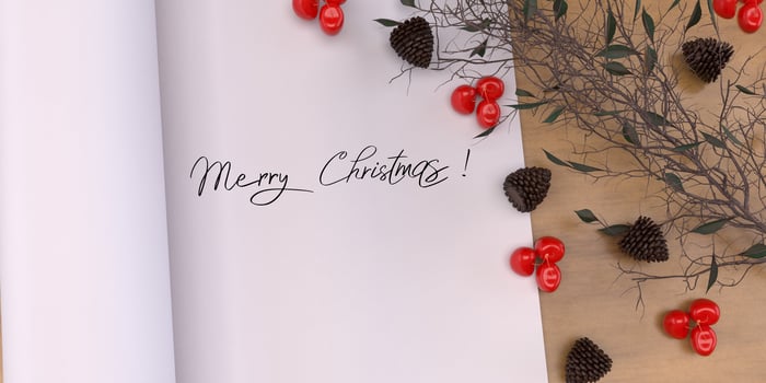 Book paper banner postcard white isolated mock up empty cherry pine cone decoration ornament merry christmas happy new year december january time calendar xmas celebration festival event winter season photo