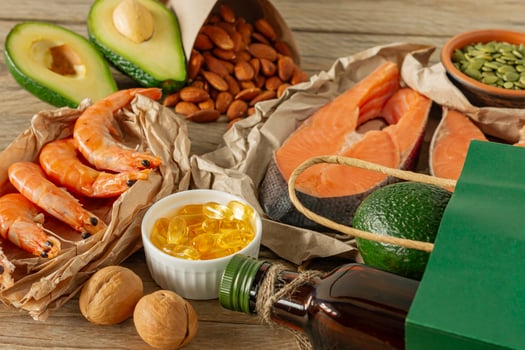 Healthy eating concept. Natural sources of omega 3 acids. Vegetables, seafood, nut and seeds photo