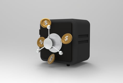 3d render, closed metallic safe box isolated photo