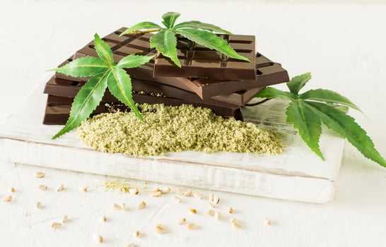 Marijuana leaves and dark chocolate on white background photo