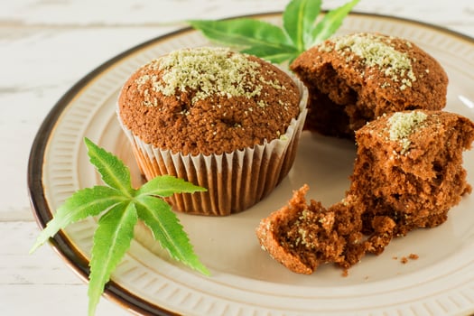 Cupcake with marijuana. Tasty cupcake muffins with cannabis weed cbd. Medical marijuana drugs in food dessert, ganja legalization. photo