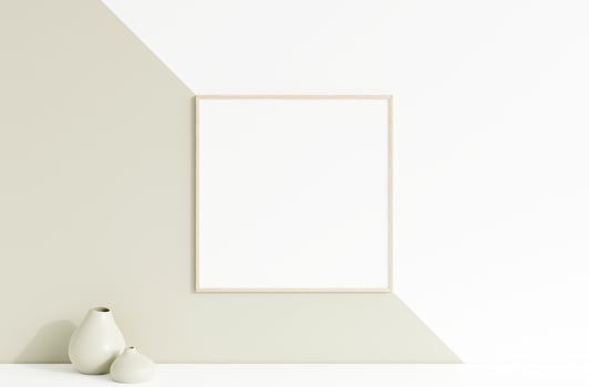 Clean and minimalist front view square wooden photo or poster frame mockup hanging on the wall with vase. 3d rendering.