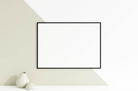 Clean and minimalist front view horizontal black photo or poster frame mockup hanging on the wall with vase. 3d rendering.
