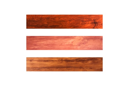 closeup view of three horizontal wooden plank isolated on white background with clipping path for design or work photo