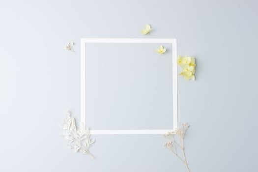 Cosmetic background with flowers and white frame on grey. Flat lay, copy space photo