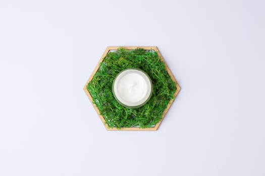 Jar of cosmetic cream with a wooden hexagon and moss on white background. Flat lay, copy space photo