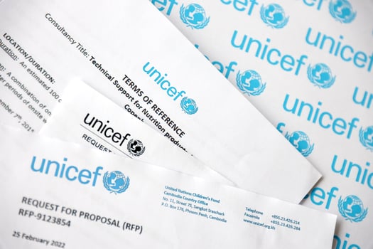 TERNOPIL, UKRAINE - MAY 2, 2022 Request for proposal for services from UNICEF - United Nations programm that provides humanitarian and developmental assistance to children photo