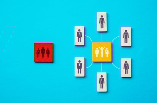 People gather around a successful business team. Investors are interested in the company's success. Enlist support, customer acquisition. Competition for deal contract. Attract new workers photo