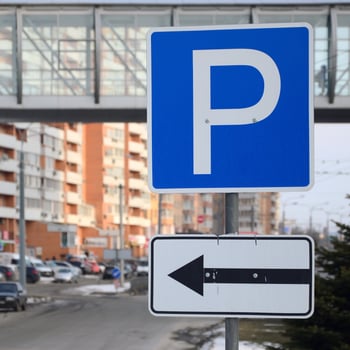 Parking left. Traffic sign with the letter P and the arrows to the left photo
