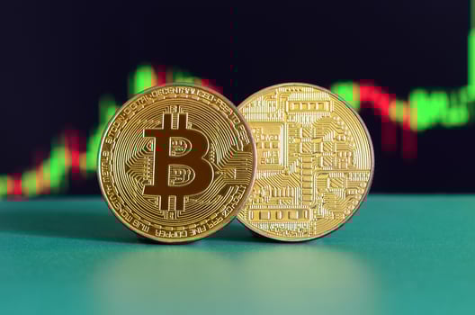Two gold bitcoins lie on the green surface on the background of the display, which depicts the growth of the position on the chart photo