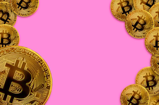 Many golden bitcoins with copy space. Cryptocurrency mining concept photo