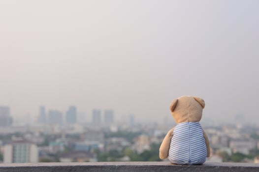 Lonely Teddy Bear sitting on the rooftop of the building and looking out to city view. photo