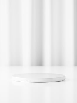 3d white ceramic display podium on table against white curtain background. 3d rendering of realistic presentation for product advertising. 3d illustration. photo