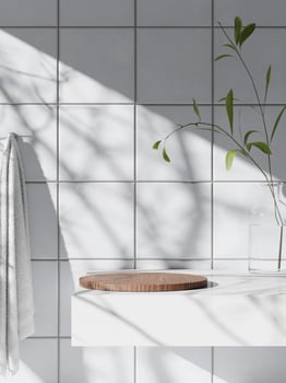 3d wooden display podium with towel and plant vase on table against ceramic tile wall. 3d rendering of realistic presentation for product advertising. 3d minimal illustration. photo