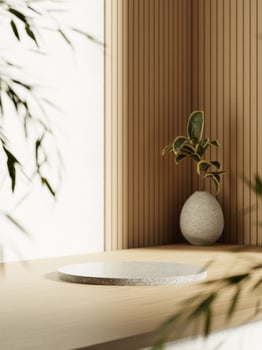 3d white granite display podium on wooden table against wood plank and white wall. 3d rendering of realistic presentation for product advertising. 3d minimal illustration. photo