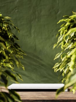 3d granite display podium with green plant on wooden table against green wall. 3d rendering of realistic presentation for product advertising. 3d minimal illustration. photo