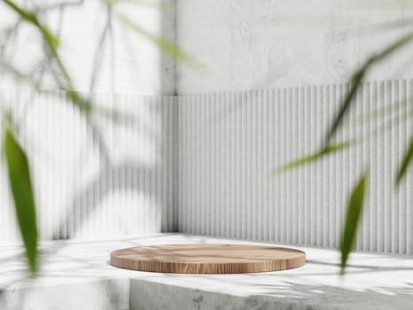 3d wooden display podium on concrete bench against white wall with plant foreground. 3d rendering of realistic presentation for product advertising. 3d interior illustration. photo