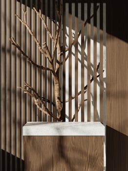 3d white granite display podium against wood plank with tree branch. 3d rendering of realistic presentation for product advertising. 3d interior illustration. photo