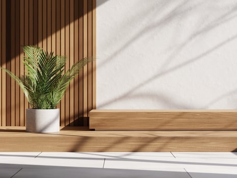 3d wooden display podium with plant against wood plank and white wall. 3d rendering of realistic presentation for product advertising. 3d interior illustration. photo