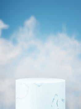 3d marble display podium against cloudy sky background. 3d rendering of realistic presentation for product advertising. 3d minimal illustration. photo