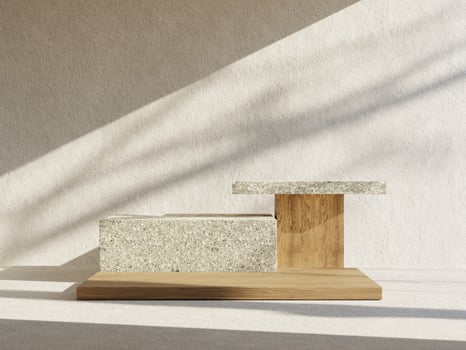 3d stone and wood display podiums against white wall background with sunlight and shadow. 3d rendering of realistic presentation for product advertising. 3d minimal illustration. photo