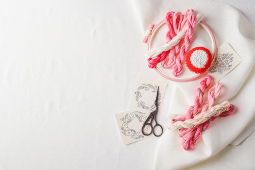 Embroidery set. Linen fabric, embroidery patterns, embroidery hoop, colorful threads and needls. photo