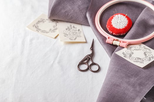 Embroidery set. Linen fabric, embroidery patterns, embroidery hoop and needls. photo