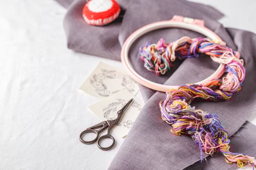 Embroidery set. Linen fabric, embroidery patterns, embroidery hoop, colorful threads and needls. photo