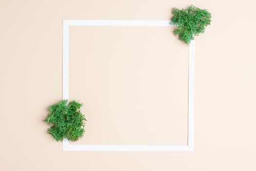 White frame with moss on beige background. Flat lay, copy space. photo