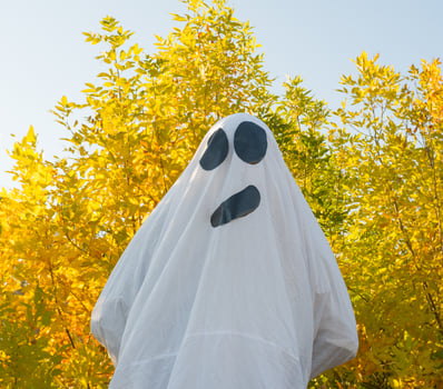 Halloween ghost, dancing in the autumn yellow forest, waving his hands. A merry ghost in a white sheet. photo