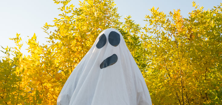 Halloween ghost, dancing in the autumn yellow forest, waving his hands. A merry ghost in a white sheet. photo